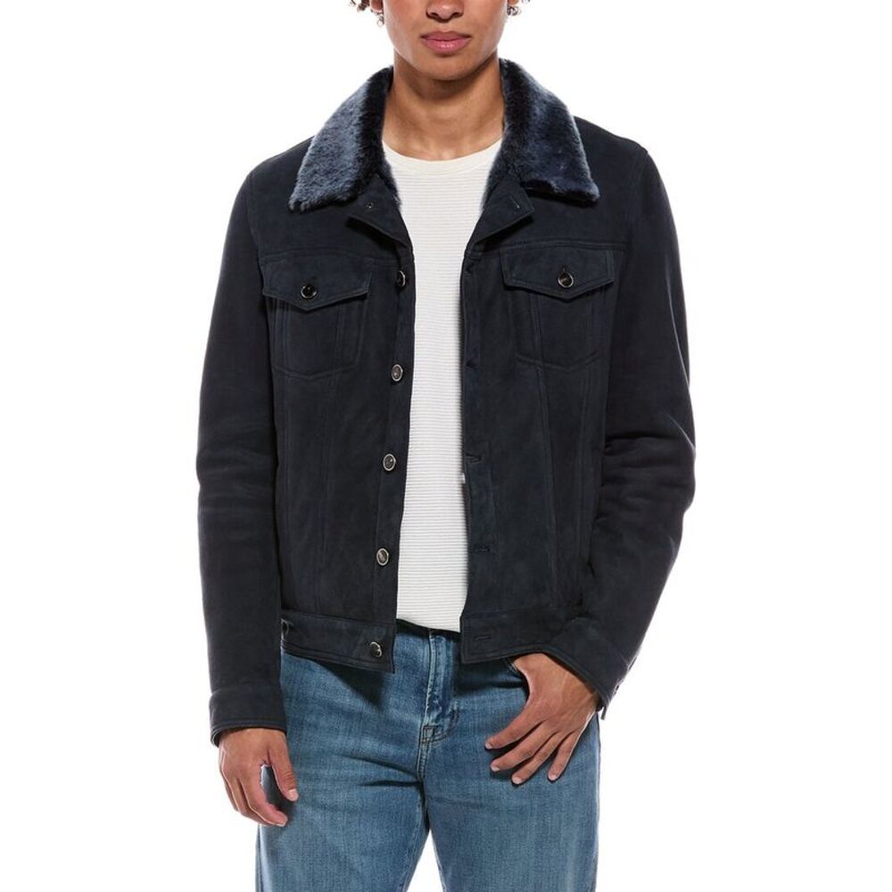 Isaia Mens Suede Trucker Jacket, Blue